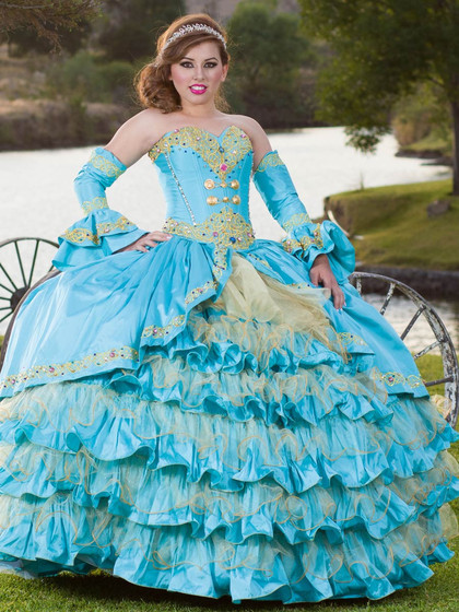 blue and gold charro quinceanera dresses